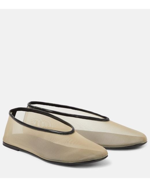 Khaite Natural Marcy Leather-Trimmed Mesh Ballet Flats