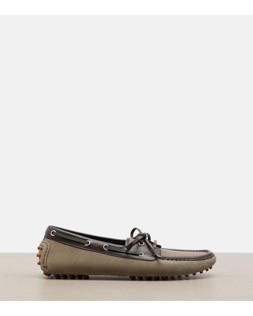 Brunello Cucinelli Brown Monili Leather-Trimmed Suede Boat Shoes