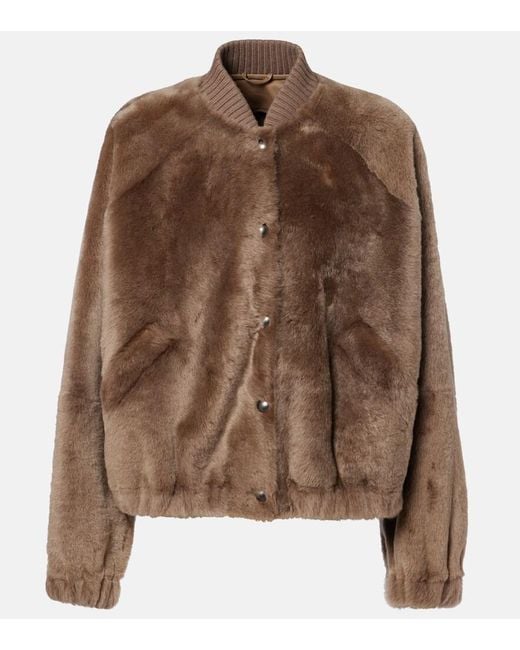Brunello Cucinelli Brown Cashmere-Trimmed Shearling Bomber Jacket