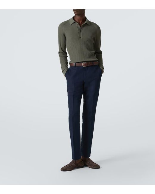 Brioni Blue Pienza Linen And Cotton Straight Pants for men