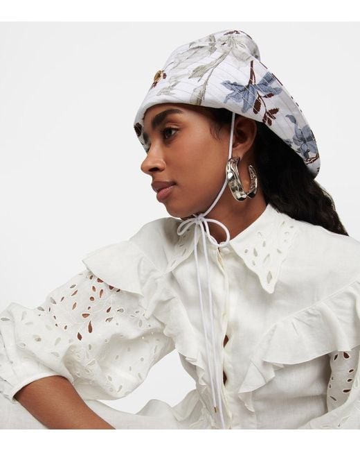 Erdem White Floral Linen-blend Bucket Hat