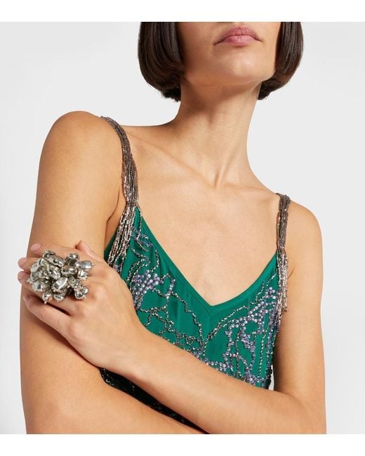 Dries Van Noten Green Beaded Silk Slip Dress