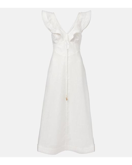 Zimmermann White Rhiannon Ruffled Linen Midi Dress