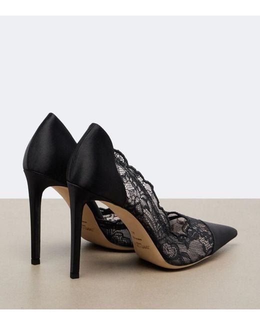 Jimmy Choo Black Brigitte Lace-Trimmed Satin Pumps