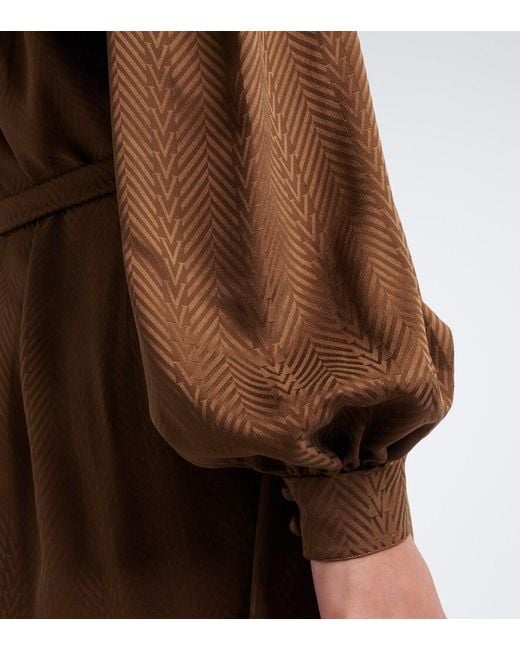 Valentino Brown Belted Chevron Jacquard Silk Midi Dress