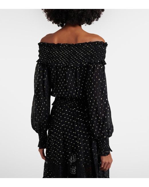 Self-Portrait Black Shirred Metallic-Effect Off-Shoulder Top