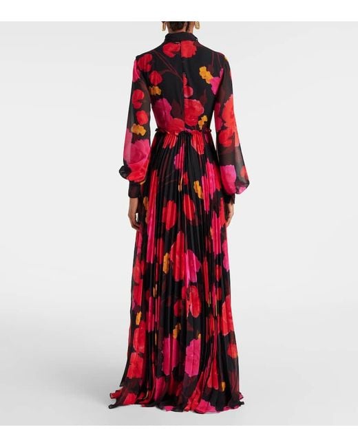 Erdem Red Floral Pleated Voile Gown