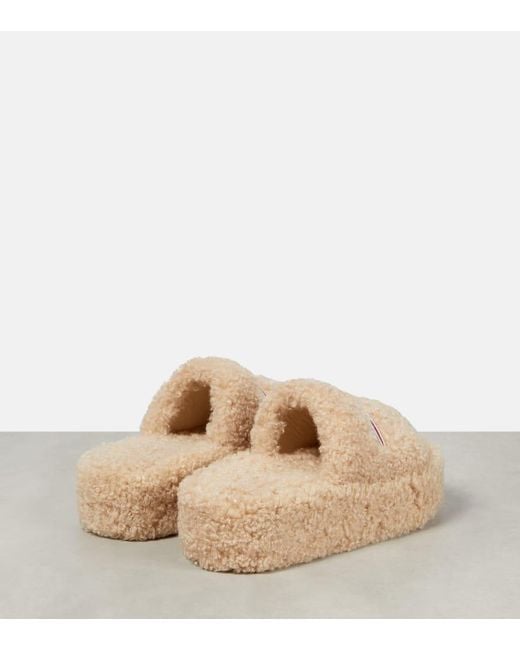 Balenciaga Natural Logo Faux Shearling Slides