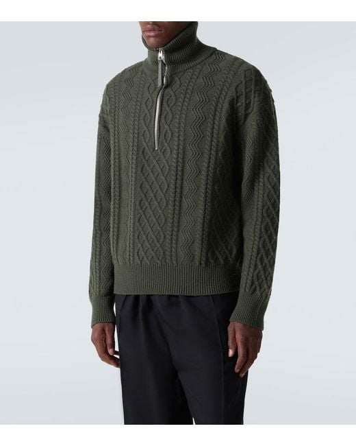 Loewe Green Aran-Knit Wool Half-Zip Turtleneck Sweater for men
