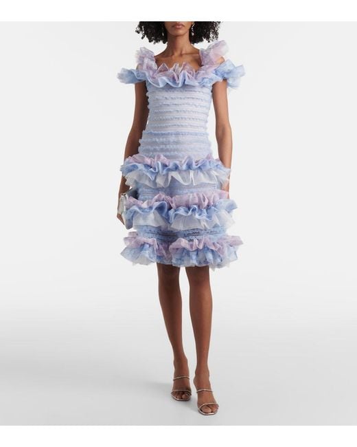 SUSAN FANG Blue Printed Smocked Ruffled Minidress