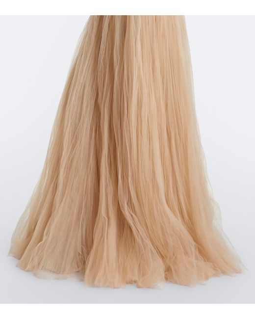 Marmar Halim Natural Embroidered Pleated Tulle Gown