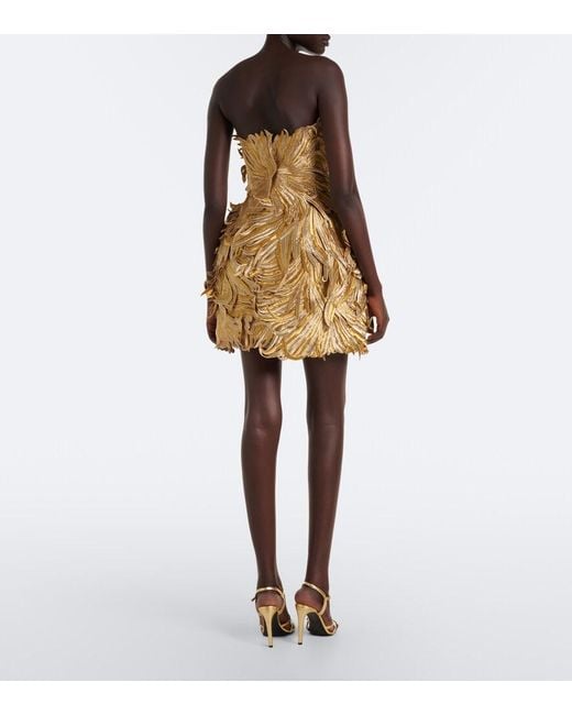 Oscar de la Renta Metallic Floral Applique Bustier Dress