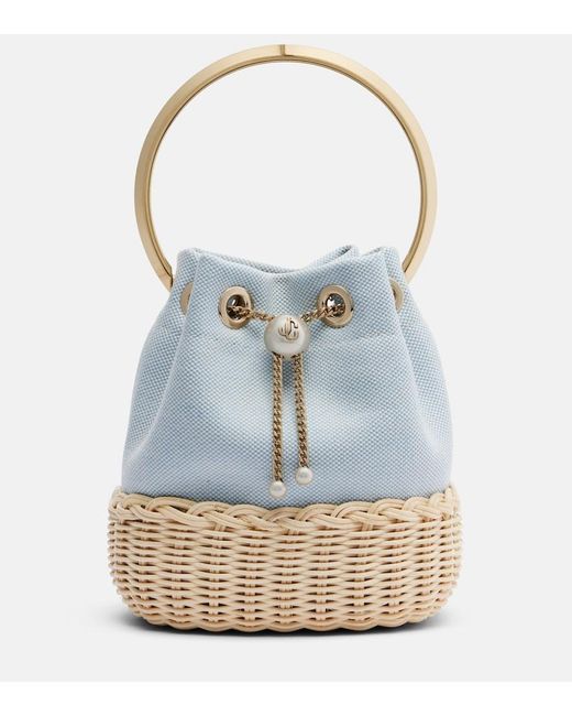 Jimmy Choo Blue Bon Bon Canvas And Wicker Bucket Bag