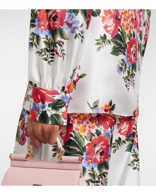 Dolce & Gabbana White Floral Tie-Neck Silk Blouse