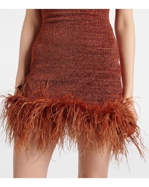 Oseree Brown Lumiere Plumage Feather-Trimmed Minidress