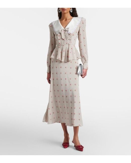Alessandra Rich Natural Floral Polka-Dot Silk Midi Dress