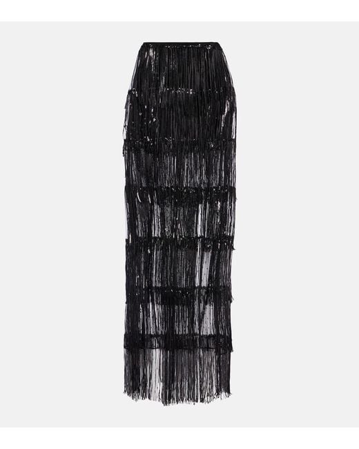 Nina Ricci Black Fringed Sequined Tulle Maxi Skirt
