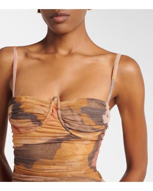 Sir Brown Draped Printed Mesh Midi Dress