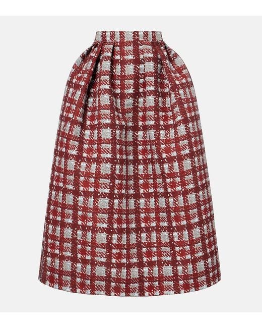 Oscar de la Renta Red Plaid Faille Midi Skirt