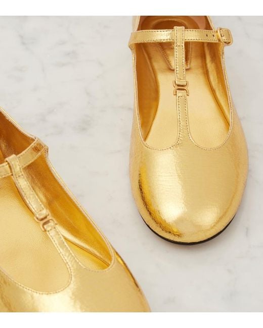 Chloé Yellow Marcie Metallic Leather Mary Jane Flats
