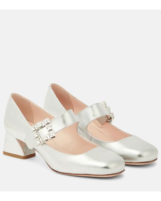 Roger Vivier White Tres Vivier Metallic Leather Mary Jane Pumps