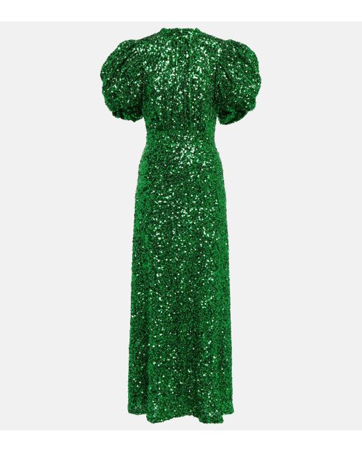 ROTATE BIRGER CHRISTENSEN Green Sequined Puff-sleeve Maxi Dress