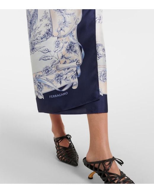 Ferragamo Blue Printed Silk Wrap Skirt