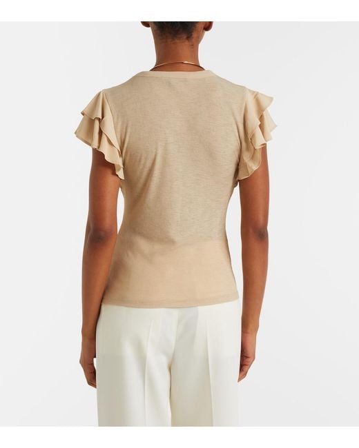 Veronica Beard Natural Aphrodite Ribbed-Knit Ruffled Top