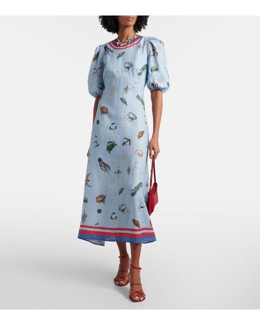 ALÉMAIS Blue Printed Linen Midi Dress