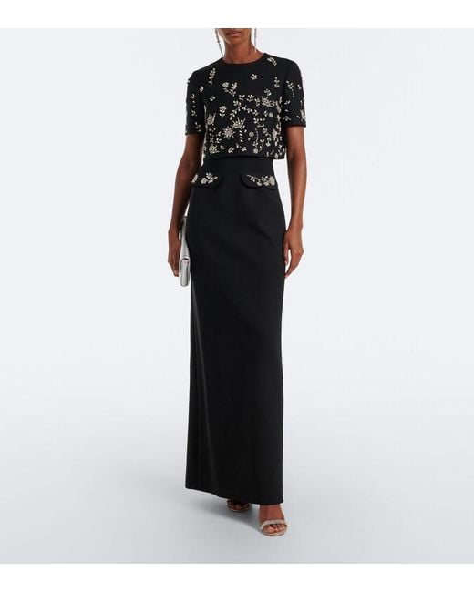 Oscar de la Renta Black Embellished Wool-Blend Bustier Gown