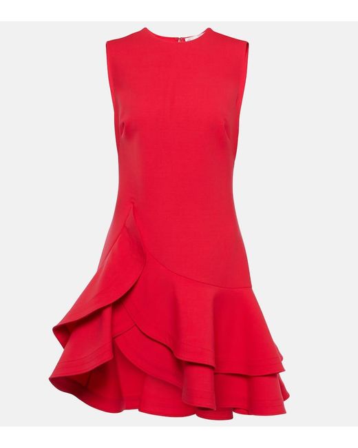 Oscar de la Renta Red Ruffled Wool-blend Crepe Mini Dress