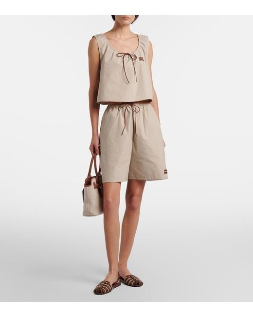 Miu Miu Natural Leather-Trimmed Cotton-Blend Crop Top