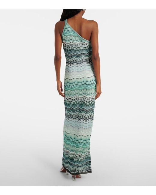 Missoni Blue Zigzag One-Shoulder Lame Maxi Dress