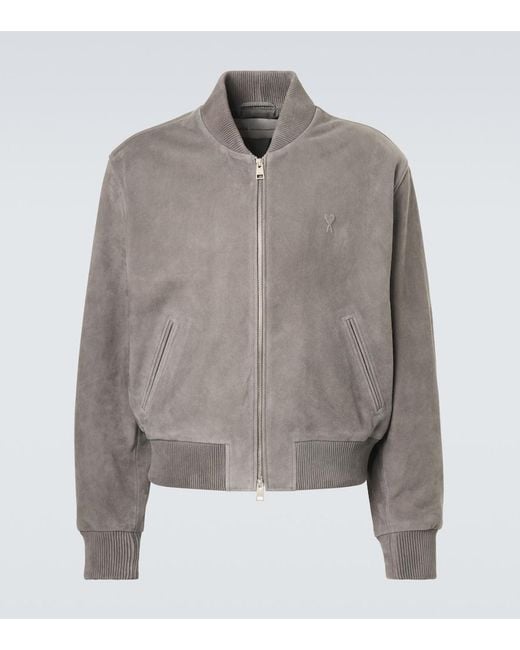 AMI Gray Ami De Cour Suede Bomber Jacket for men