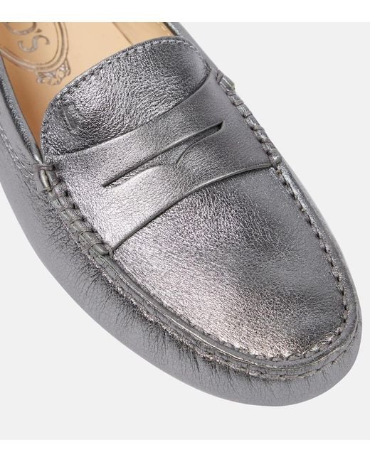 Tod's Gray Metallic Leather Moccasins