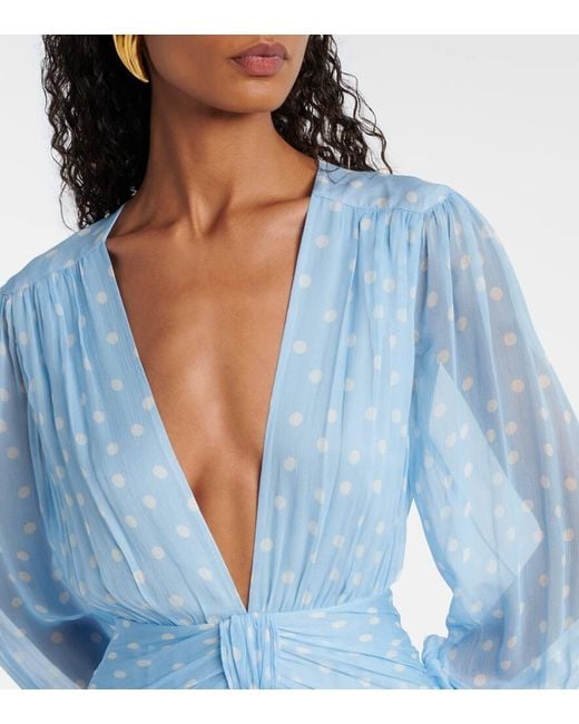 Rixo Blue Meera Polka-Dot Shirred Gown