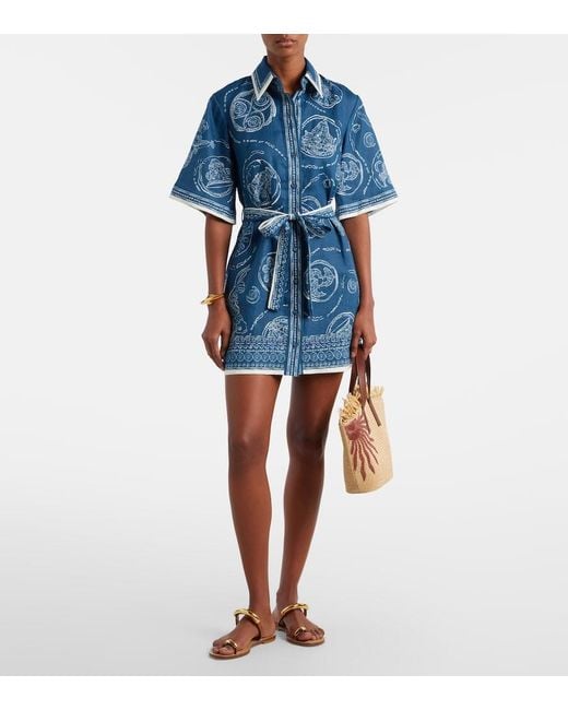 ALÉMAIS Blue Lucky Belted Printed Linen Shirt Dress