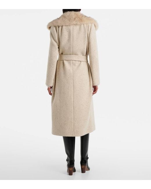 Valentino Natural Faux Fur-Trimmed Virgin Wool Wrap Coat