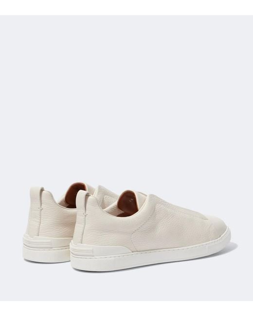 Zegna White Triple Stitch Leather Sneakers for men