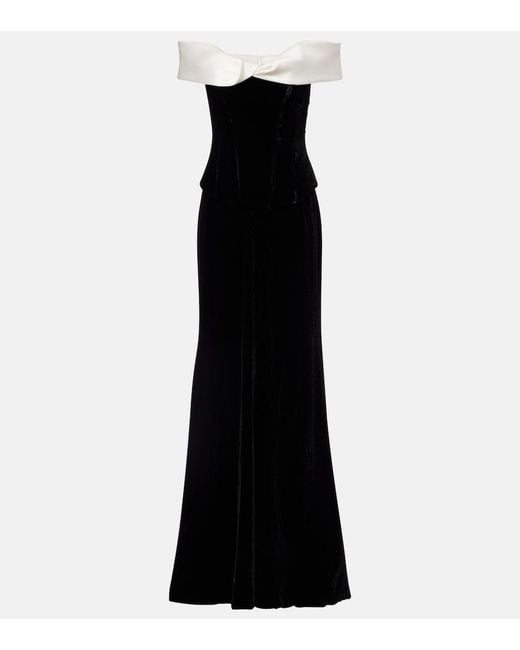Costarellos Black Off-Shoulder Velvet Bustier Gown