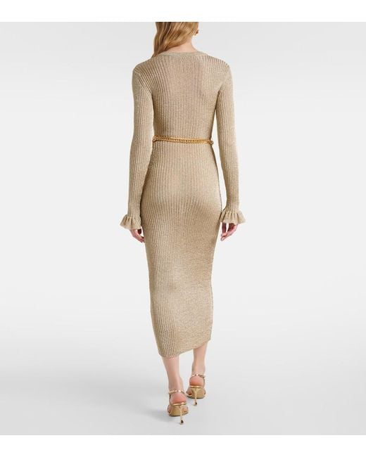 Self-Portrait Natural Ribbed-Knit Lame Midi Dress