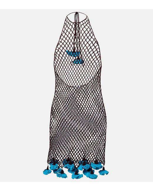 Alaïa Blue Floral-Applique Open-Knit Cotton Minidress