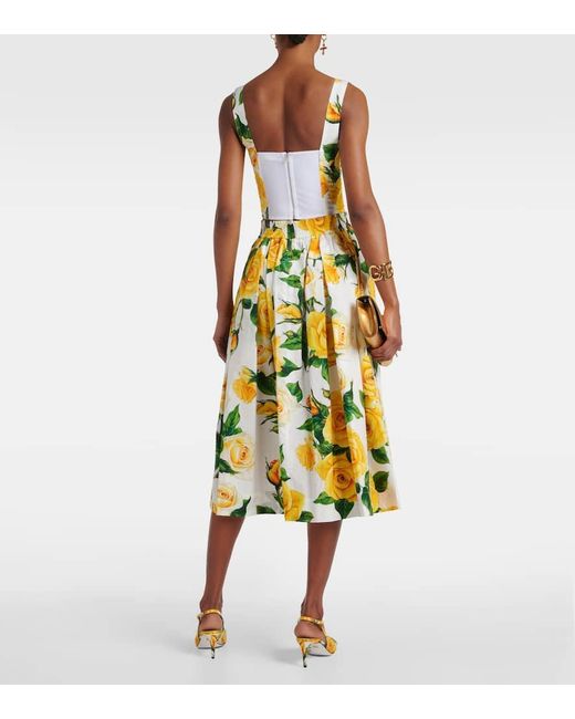 Falda midi de popelin de algodon floral Dolce & Gabbana de color Yellow