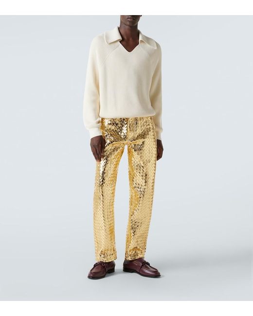Bottega Veneta Yellow Intrecciato Metallic Leather Straight Pants for men