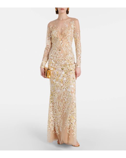 Elie Saab Metallic Atom Sequined Embroidered Tulle Gown