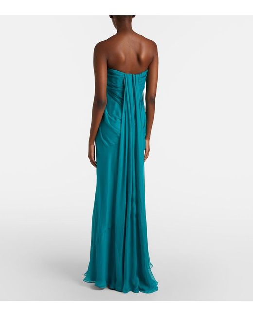 McQueen Blue Draped Silk Chiffon Bustier Gown