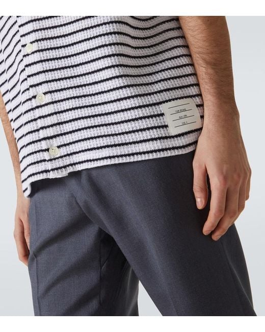 Thom Browne Blue Striped Waffle-Knit Cotton Polo Shirt for men