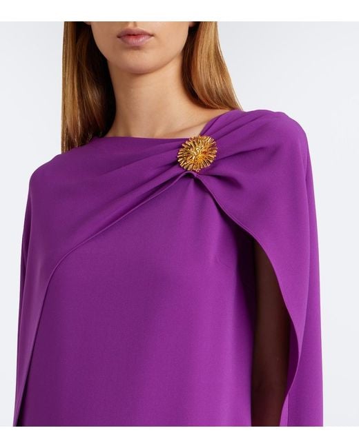 Oscar de la Renta Purple Embellished Caped Silk-Blend Georgette Gown