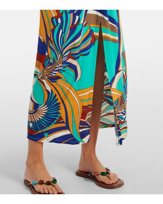 Camilla Blue Draped Printed Jersey Maxi Dress