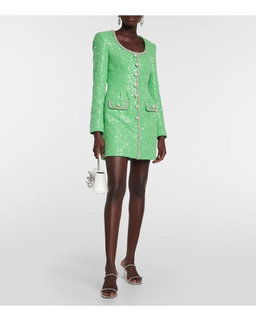 Self-Portrait Green Sequined Boucle Minidress